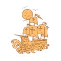 Caravel Sailing Ship Moon Drawing Royalty Free Stock Photo